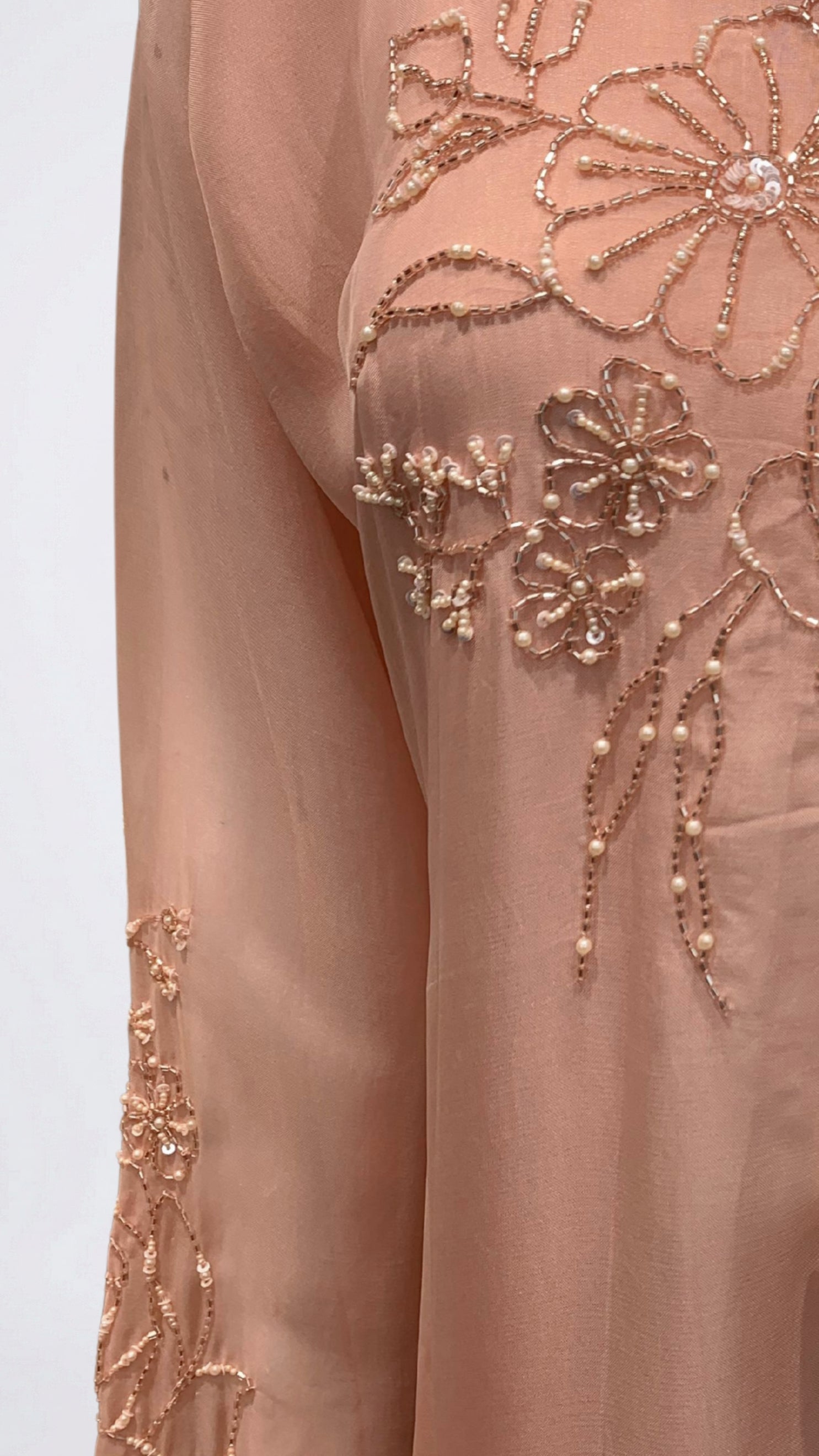 Dusty Peach Soft Organza Suit with Cutdana, Pearl & Moti Detailing