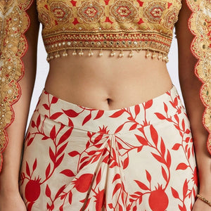 Beige & Red Digital Printed Crepe Top & Skirt with Cape Embellished with Moti, Sequins & Sippi