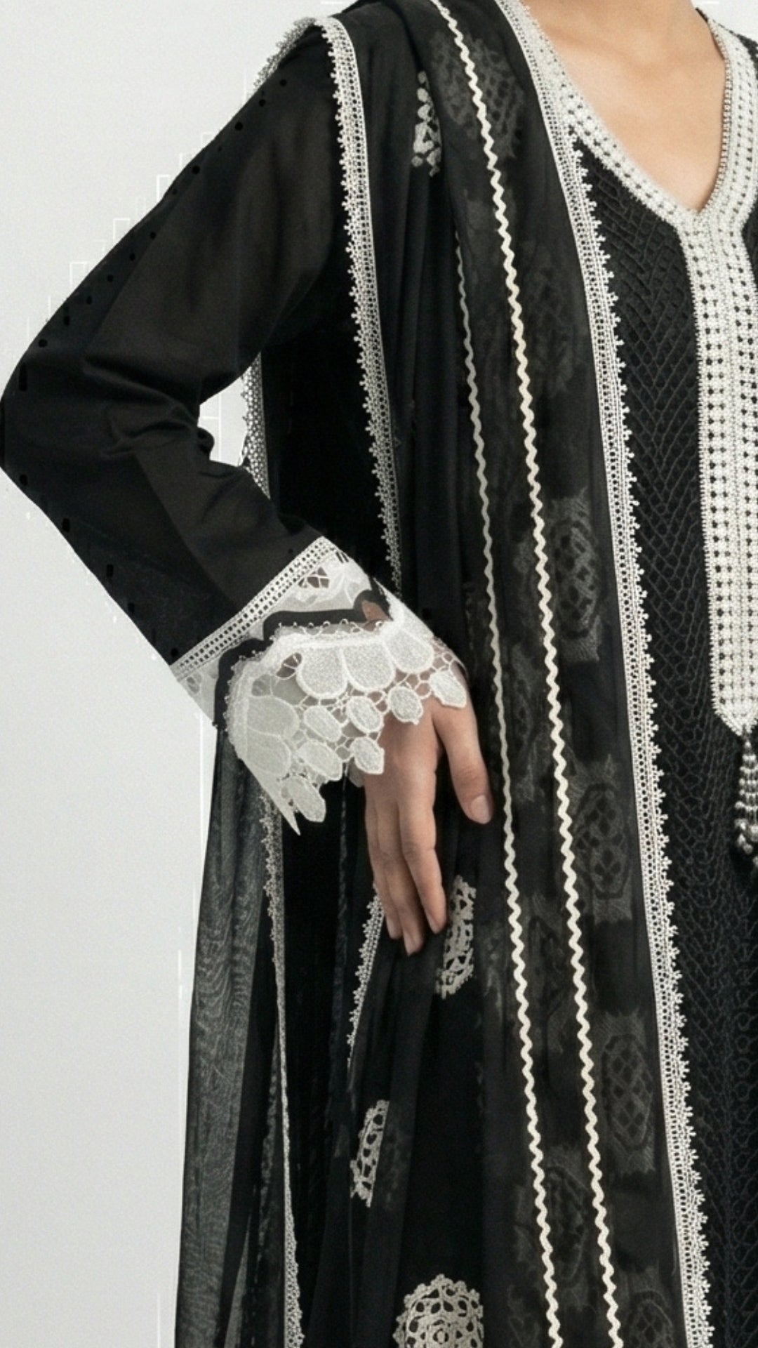 Black Muslin Set with Stone & Lace Detailing