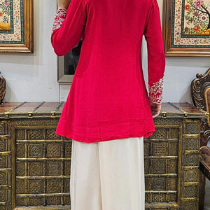 Red Chinon Indowestern Top and Pleated Bottom with Dabka,Sequins and Cutdana Work