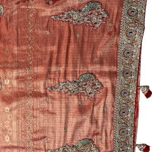 Orange Banarasi Silk Unstitched Saree with Dupatta Embellished with Moti & Zari Work