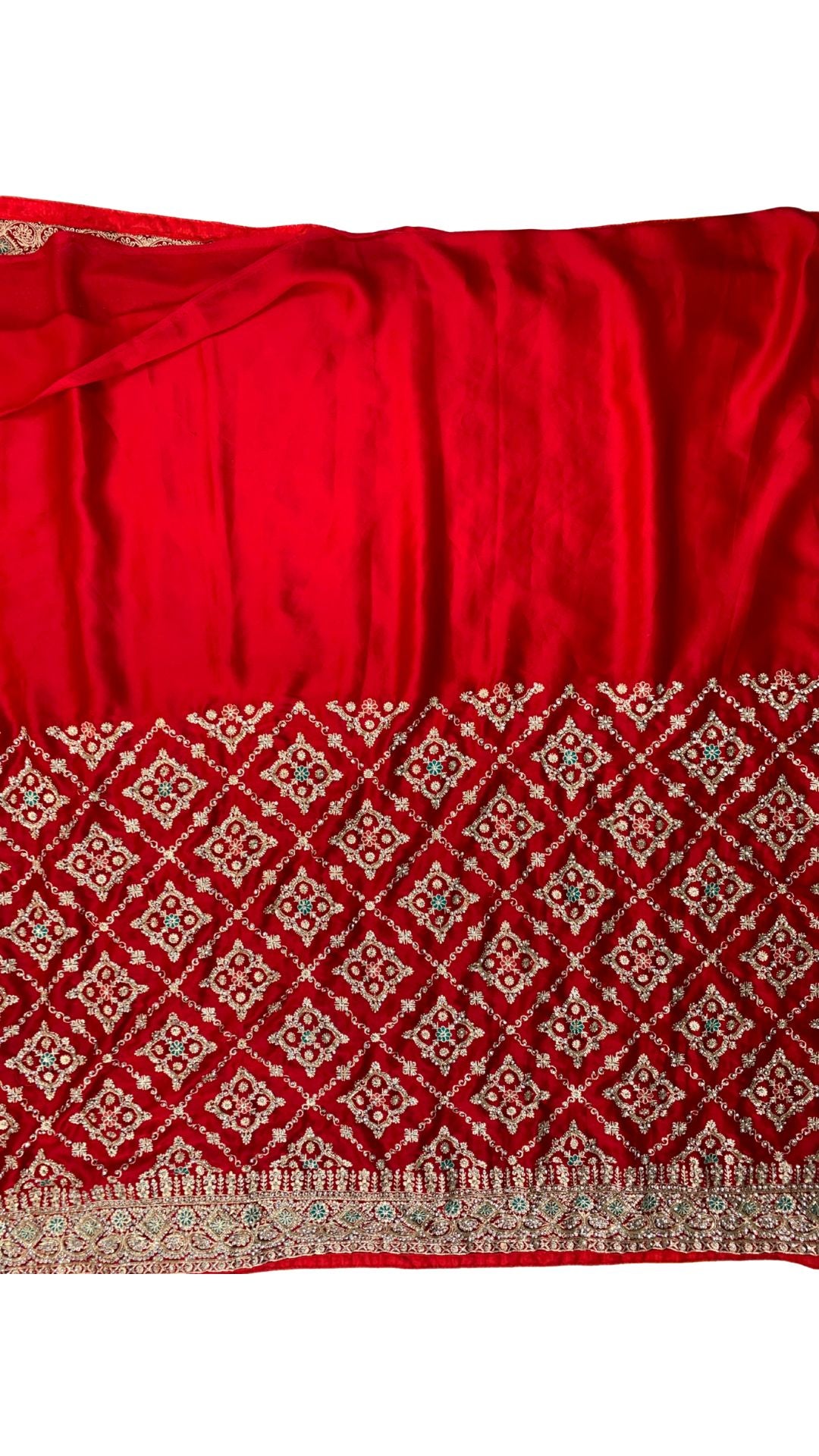 Red Bridal Satin Unstitched Saree with Zarkan & Cut Dana Work