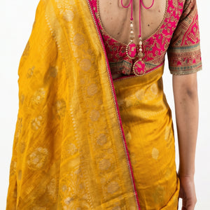 Yellow Banarasi Silk Saree with Stitched Pink Blouse and Weaving Work