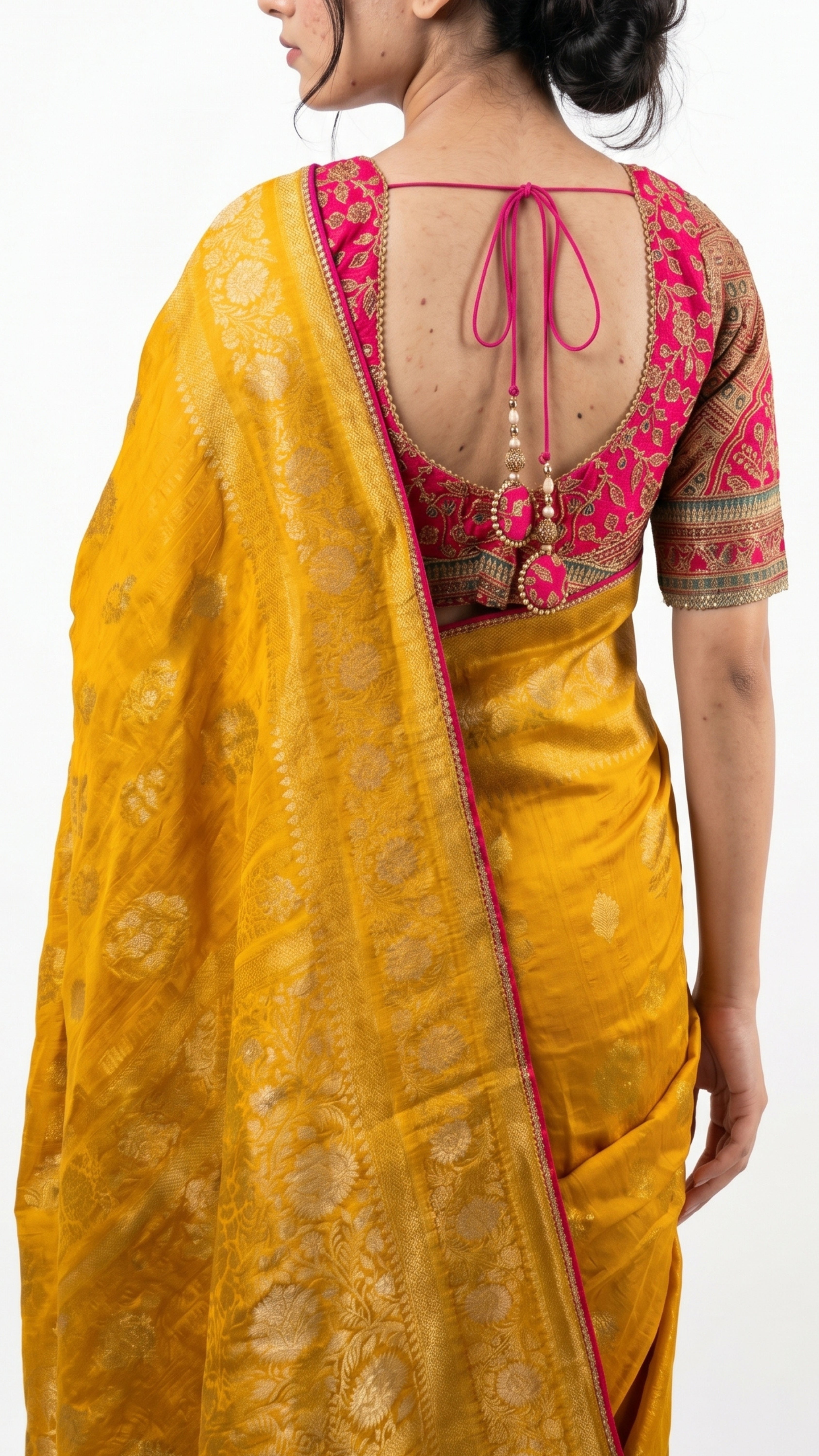Yellow Banarasi Silk Saree with Stitched Pink Blouse and Weaving Work
