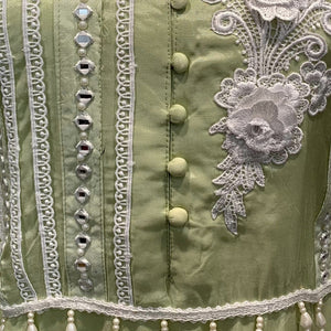 Green Muslin Cotton Suit Set with Mirror & Lace Detailing