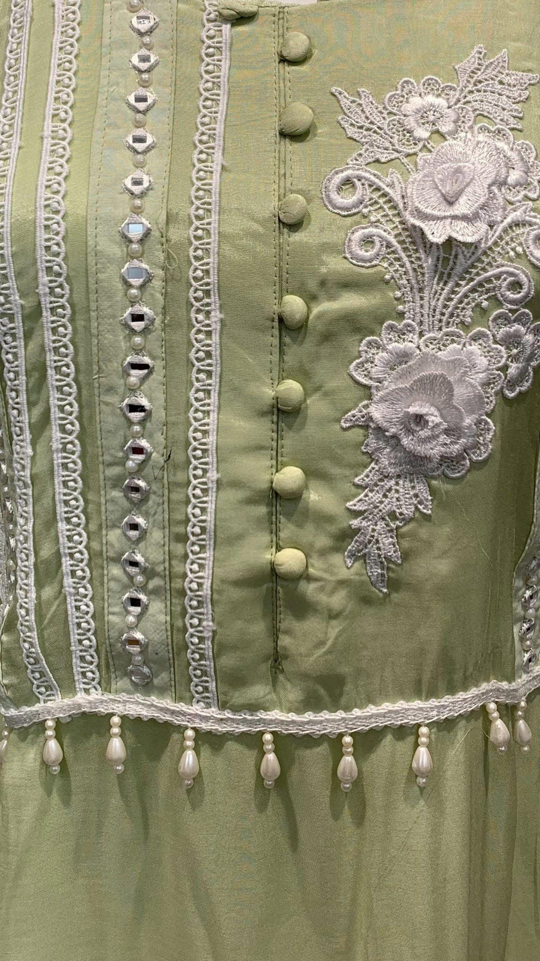 Green Muslin Cotton Suit Set with Mirror & Lace Detailing