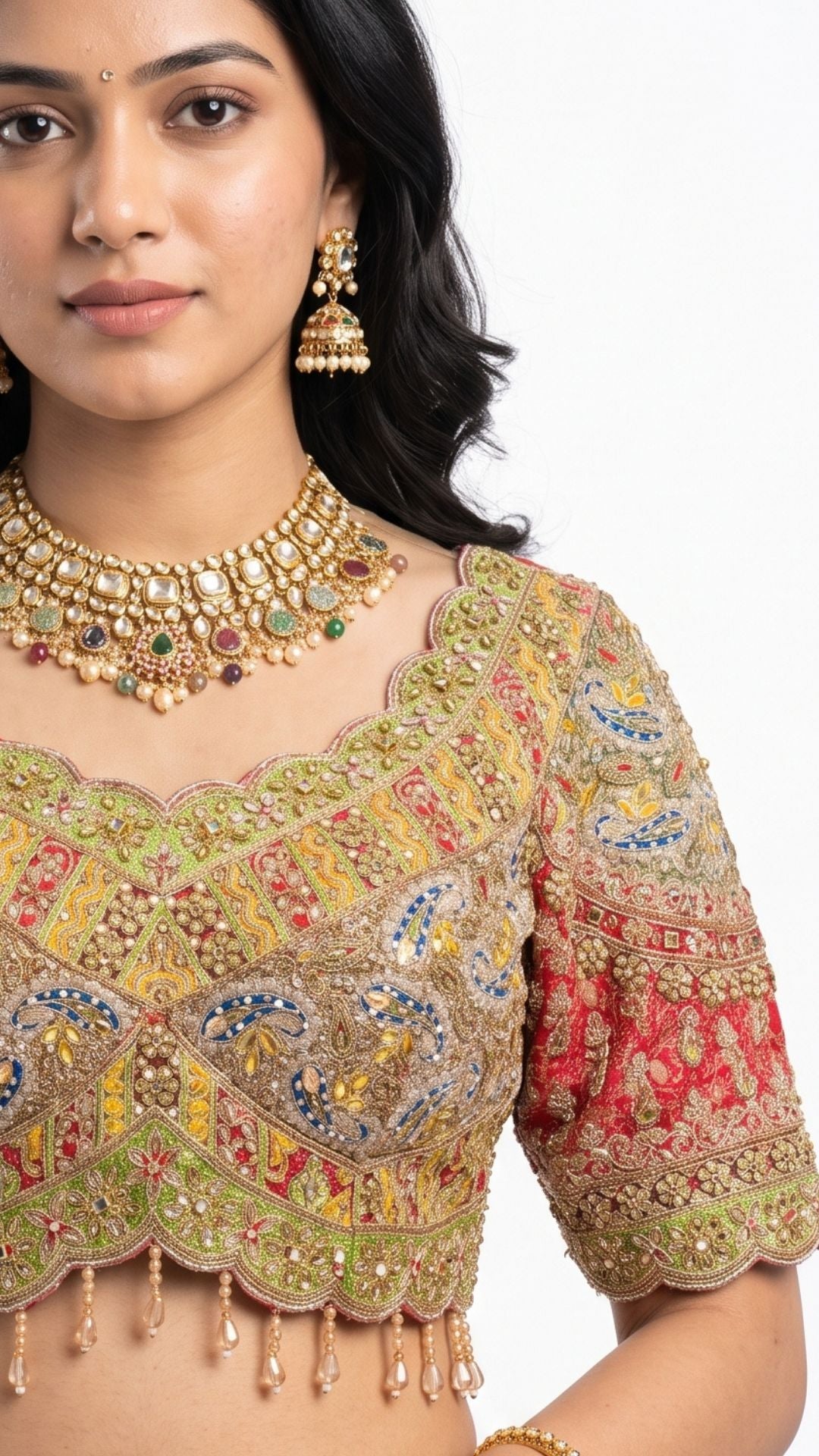 Beautiful Multicolour Tissue Saree Embellished With Kundan, Sequins & Cut Dana Work