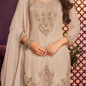 Chiku Tissue Suit, Farshi Salwar And Dupatta with Cutdana, Sequins and Zari Work