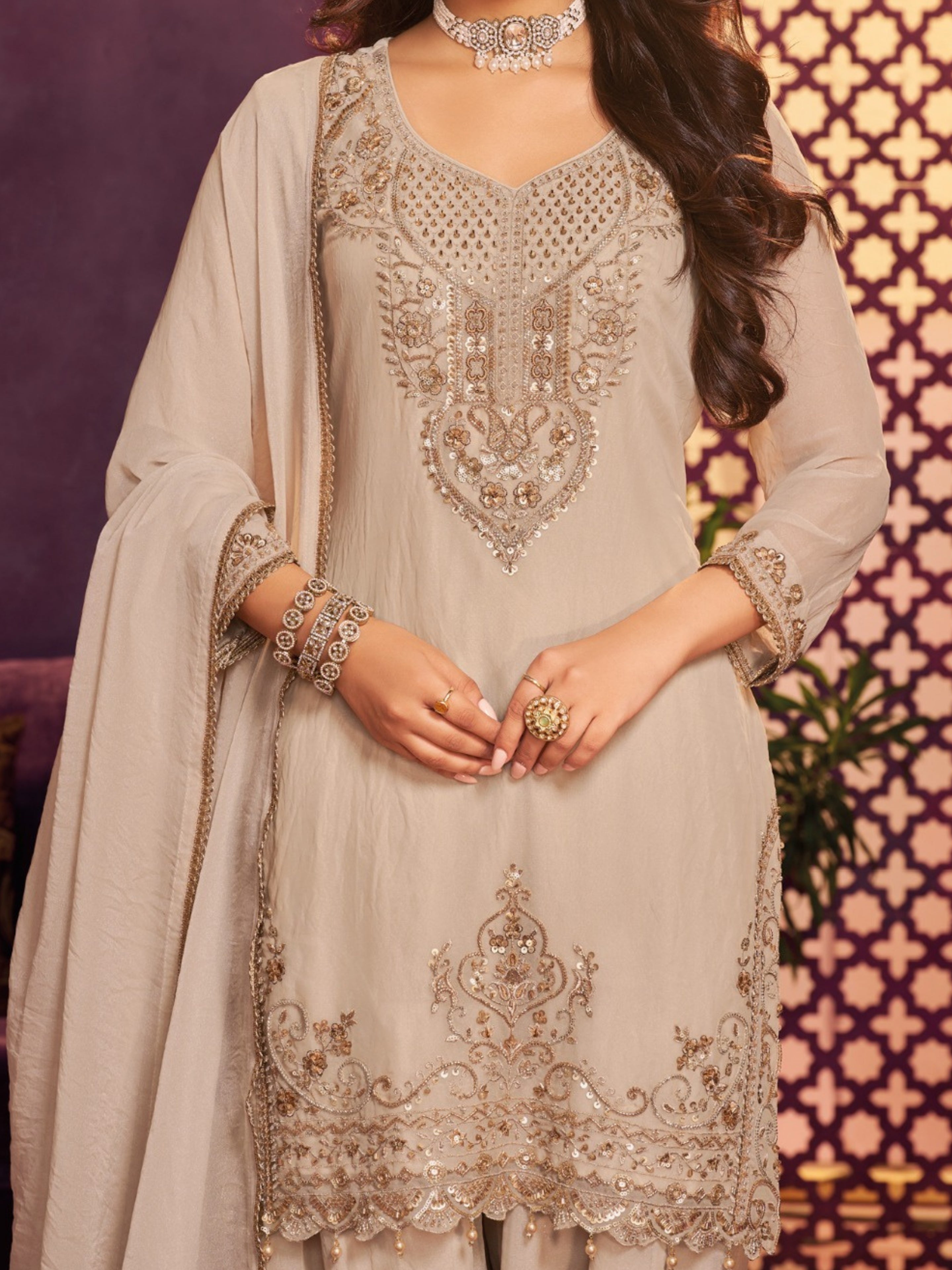 Chiku Tissue Suit, Farshi Salwar And Dupatta with Cutdana, Sequins and Zari Work