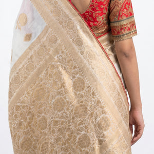 Ivory Banarasi Silk Saree with Stitched Pink Blouse and Weaving Work
