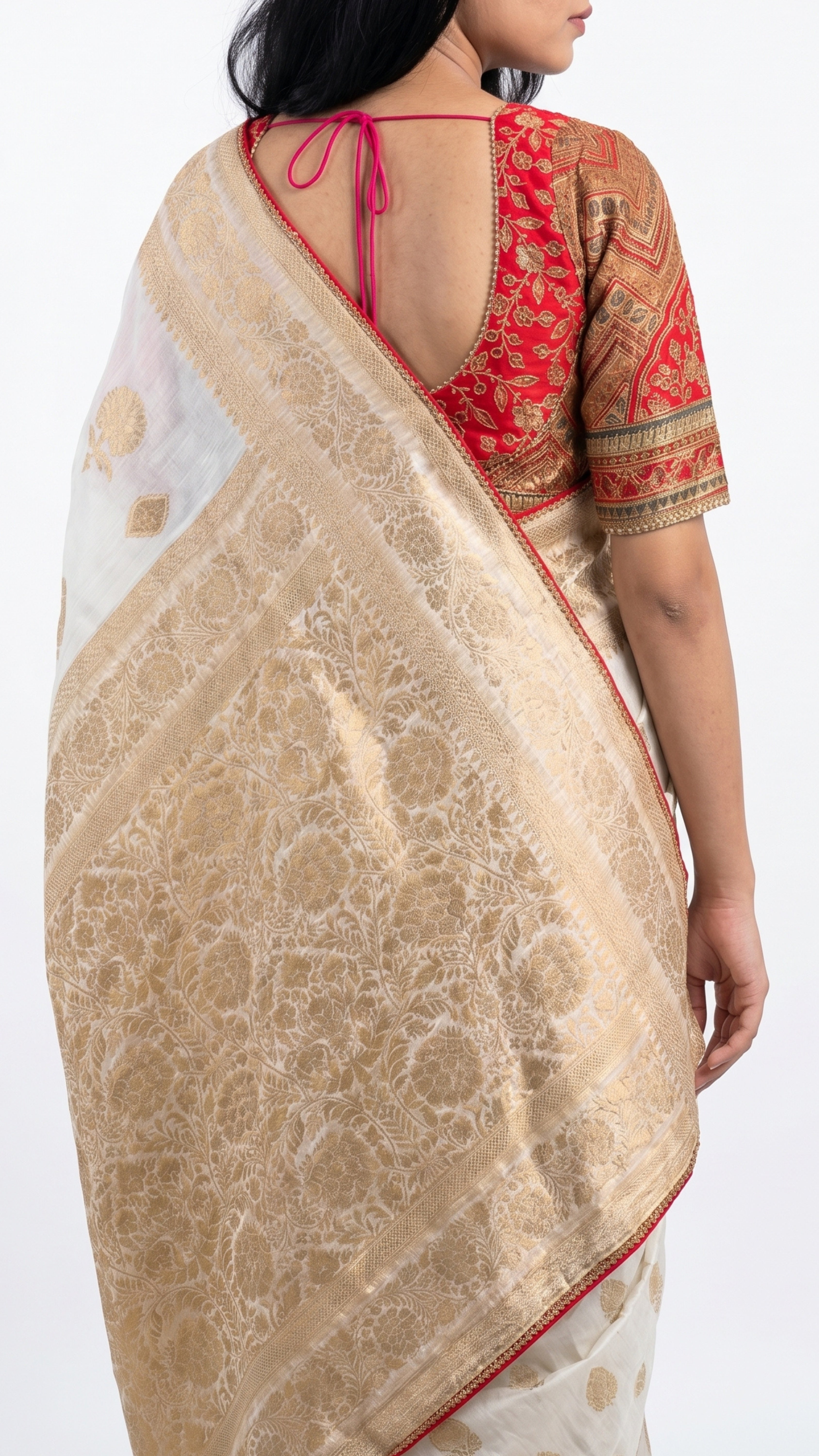 Ivory Banarasi Silk Saree with Stitched Pink Blouse and Weaving Work