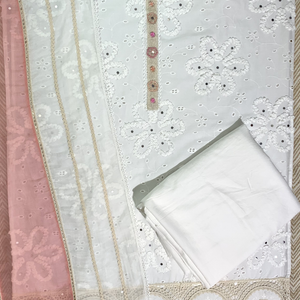 White Mul Cotton Chikankari Fabric Unstitched Suit Lace Mirror Work