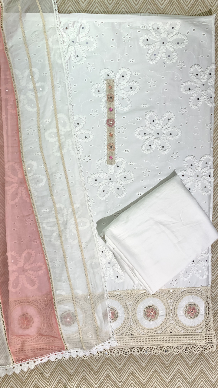 White Mul Cotton Chikankari Fabric Unstitched Suit Lace Mirror Work
