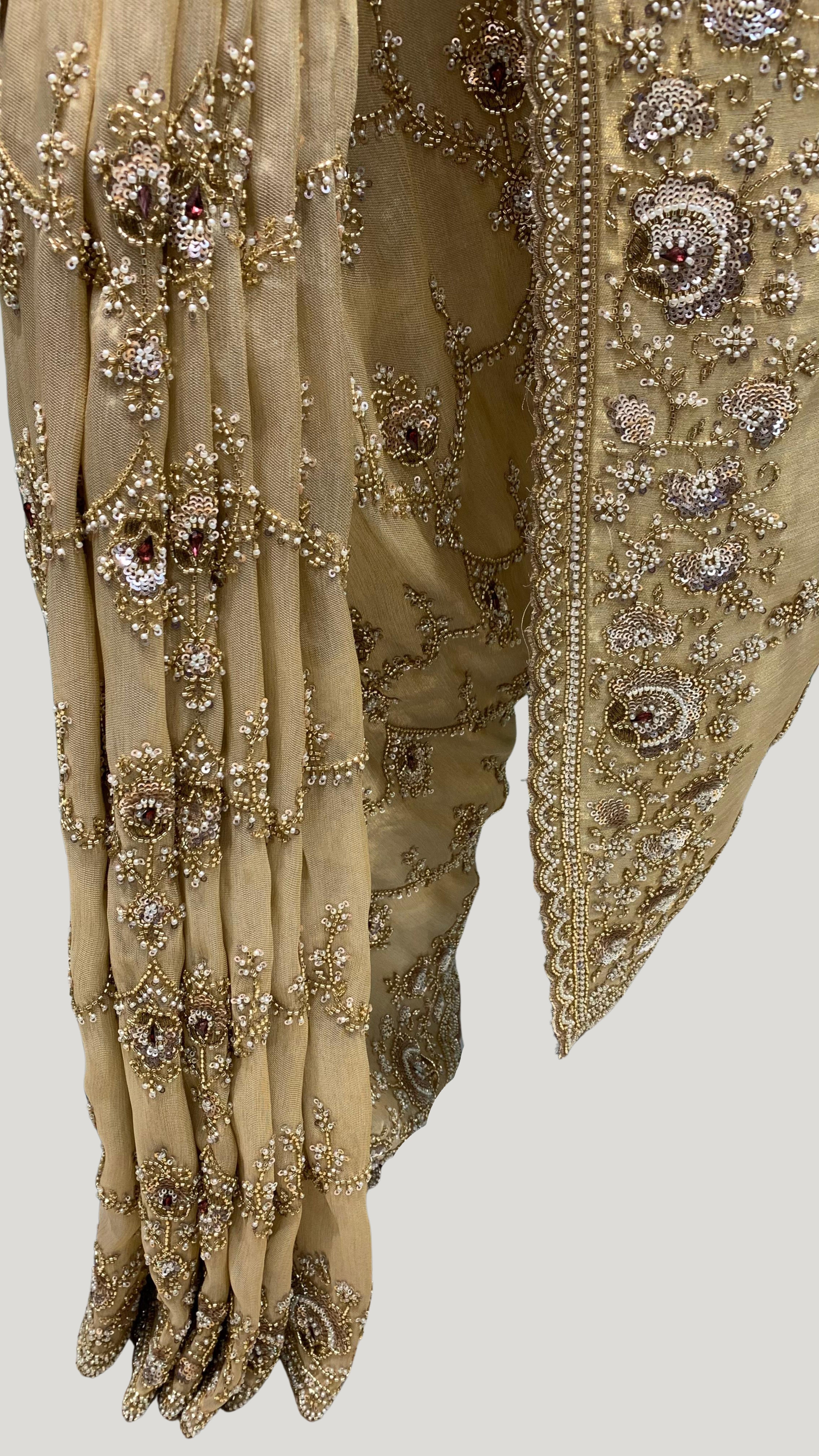 Golden Tissue Saree With Moti, Cutdana & Sequins Work