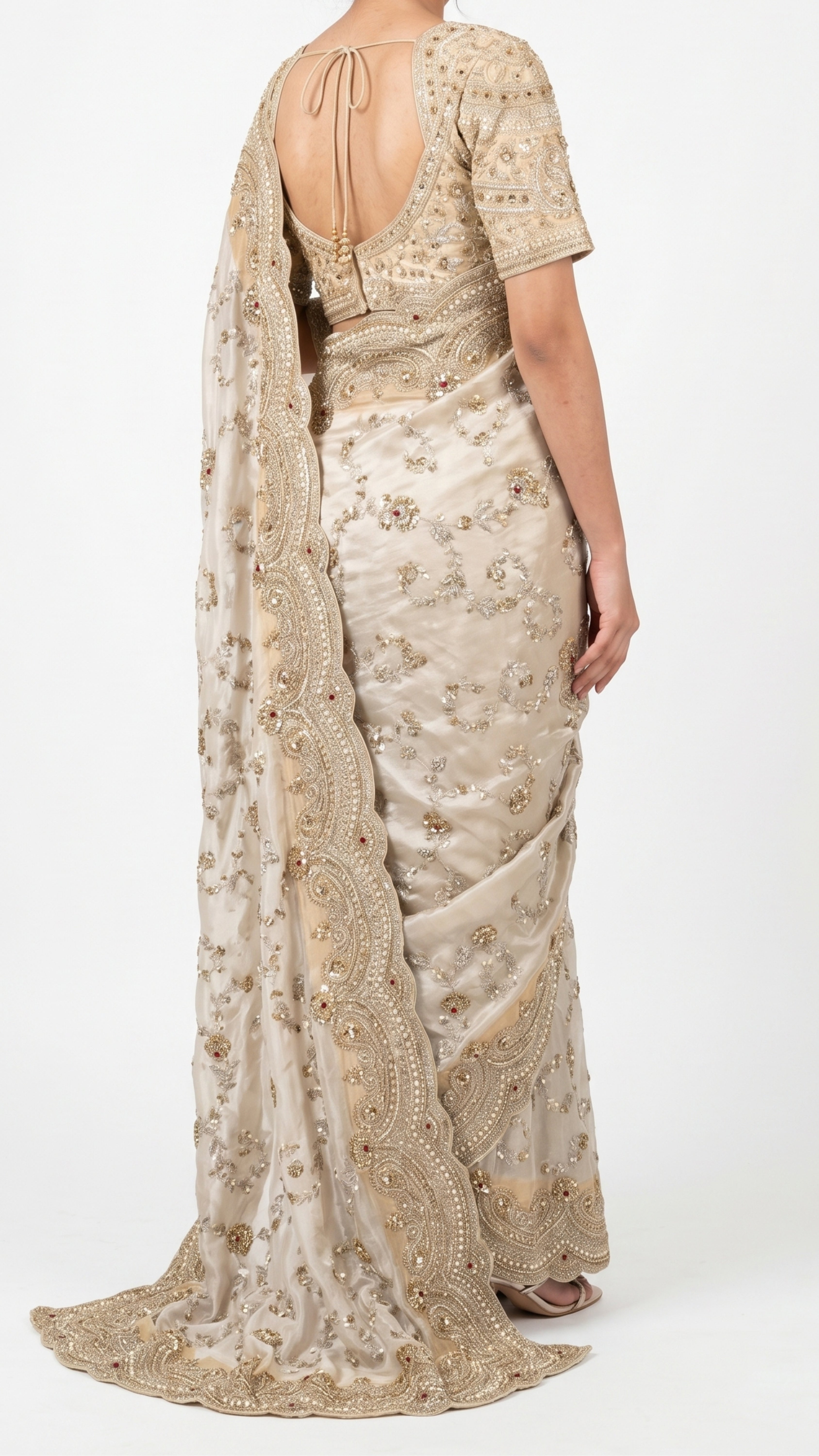 Golden Ivory Tissue Saree with Zari, Cutdana & Sequins Work