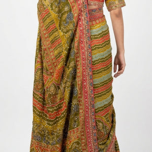 Moss Green Tissue Saree with Zari, Mirror & Stone Work