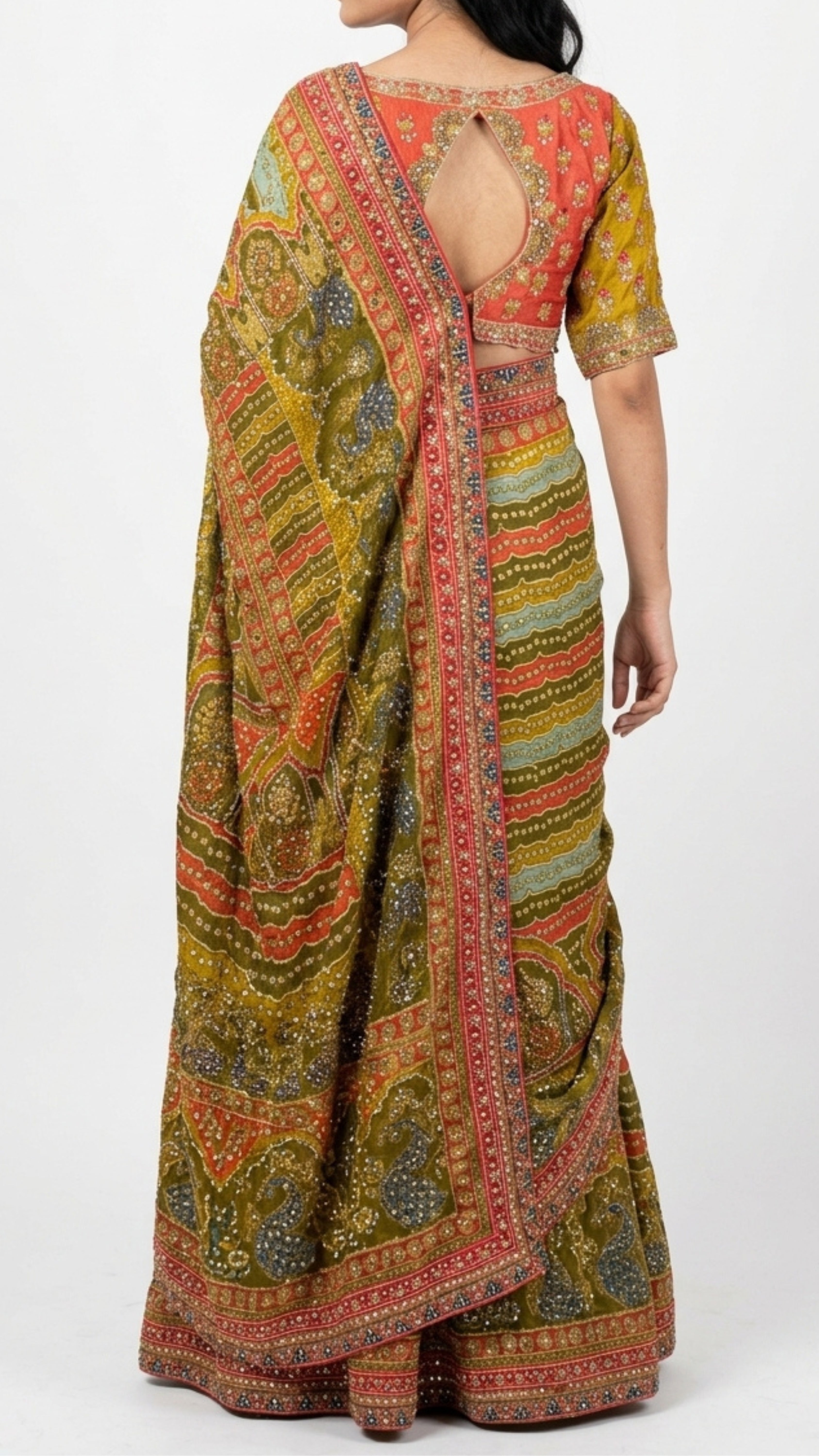 Moss Green Tissue Saree with Zari, Mirror & Stone Work