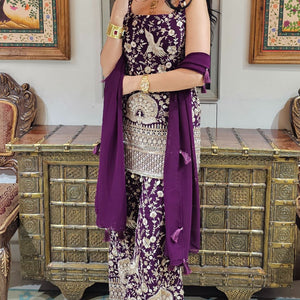 Purple Georgette Indowestern Top and Bottom with Resham,Cutdana, Pearl and Sequins Work and Dupatta