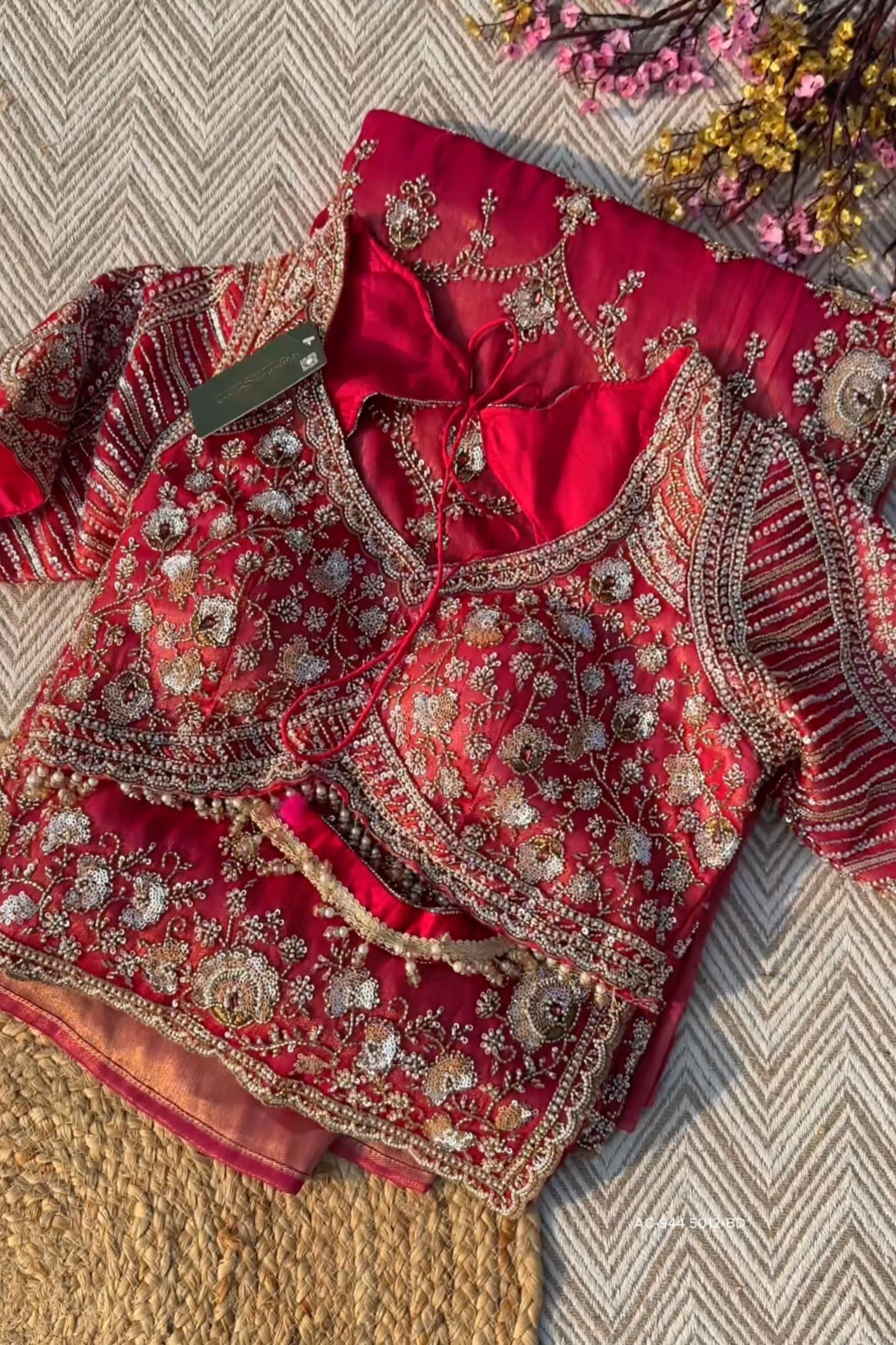Red Tissue Saree With Moti, Cutdana & Sequins Work