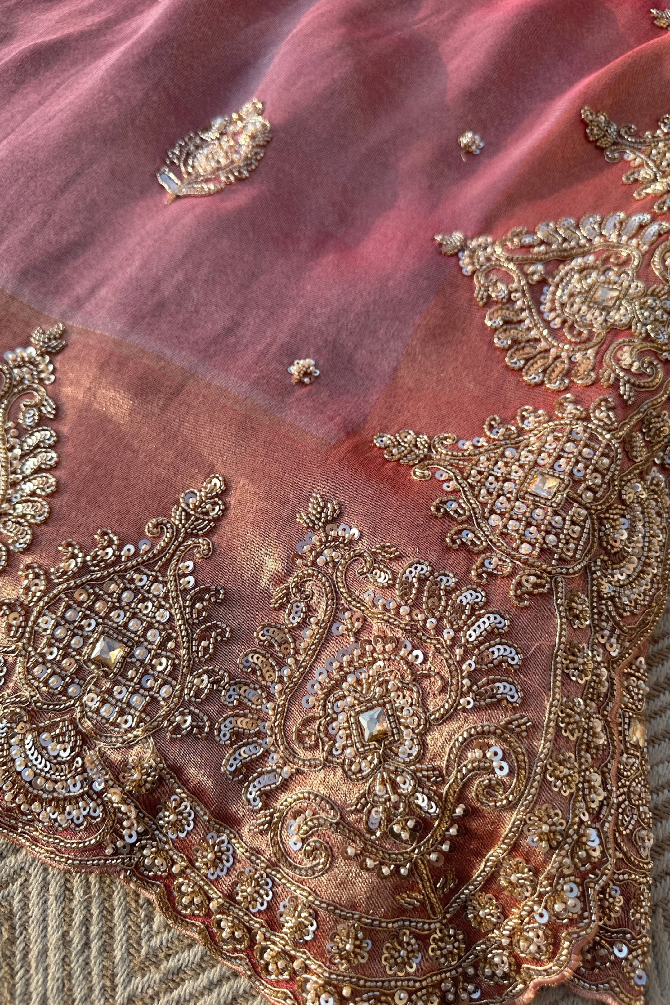 Mauve Tissue Unstitched Saree Embellished With Moti, Sequins & Cutdana