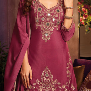 Cherry Red Chinon Suit Embellished With Cutdana, Sequins & Mirror Work