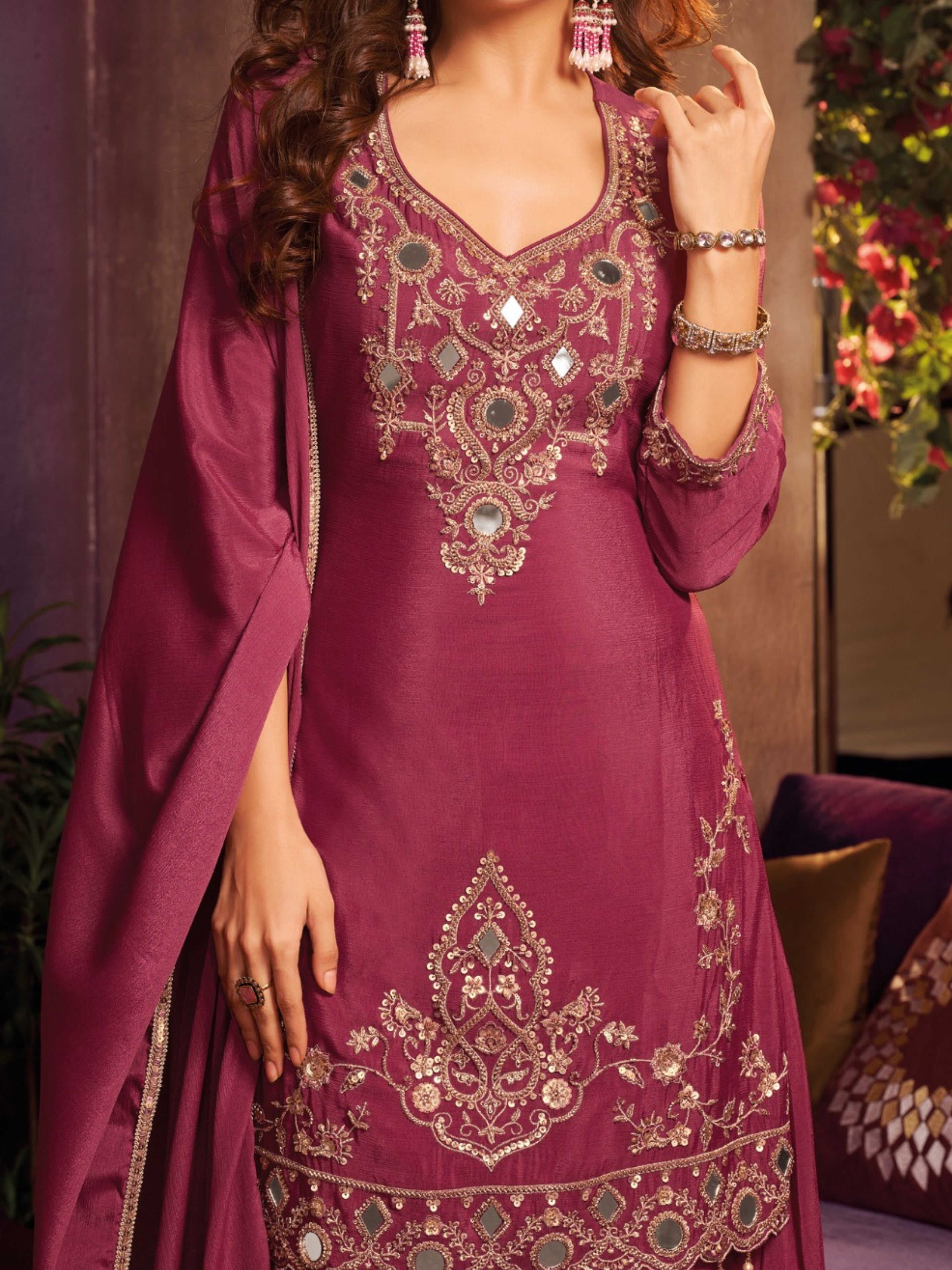 Cherry Red Chinon Suit Embellished With Cutdana, Sequins & Mirror Work