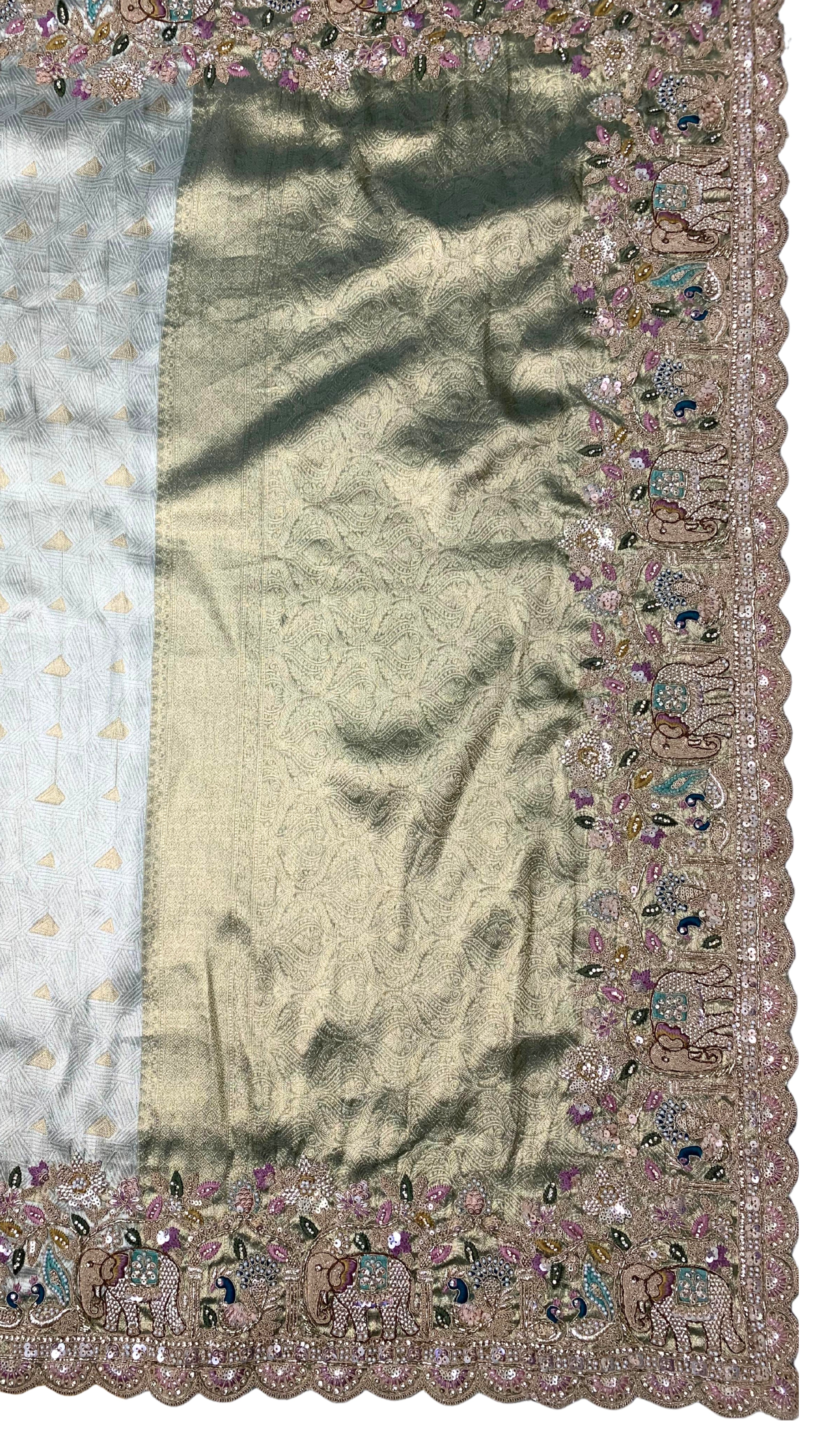 Muted Olive Gold Tissue Silk Saree Embellished with Zari, Cutdana & Zarkan Work