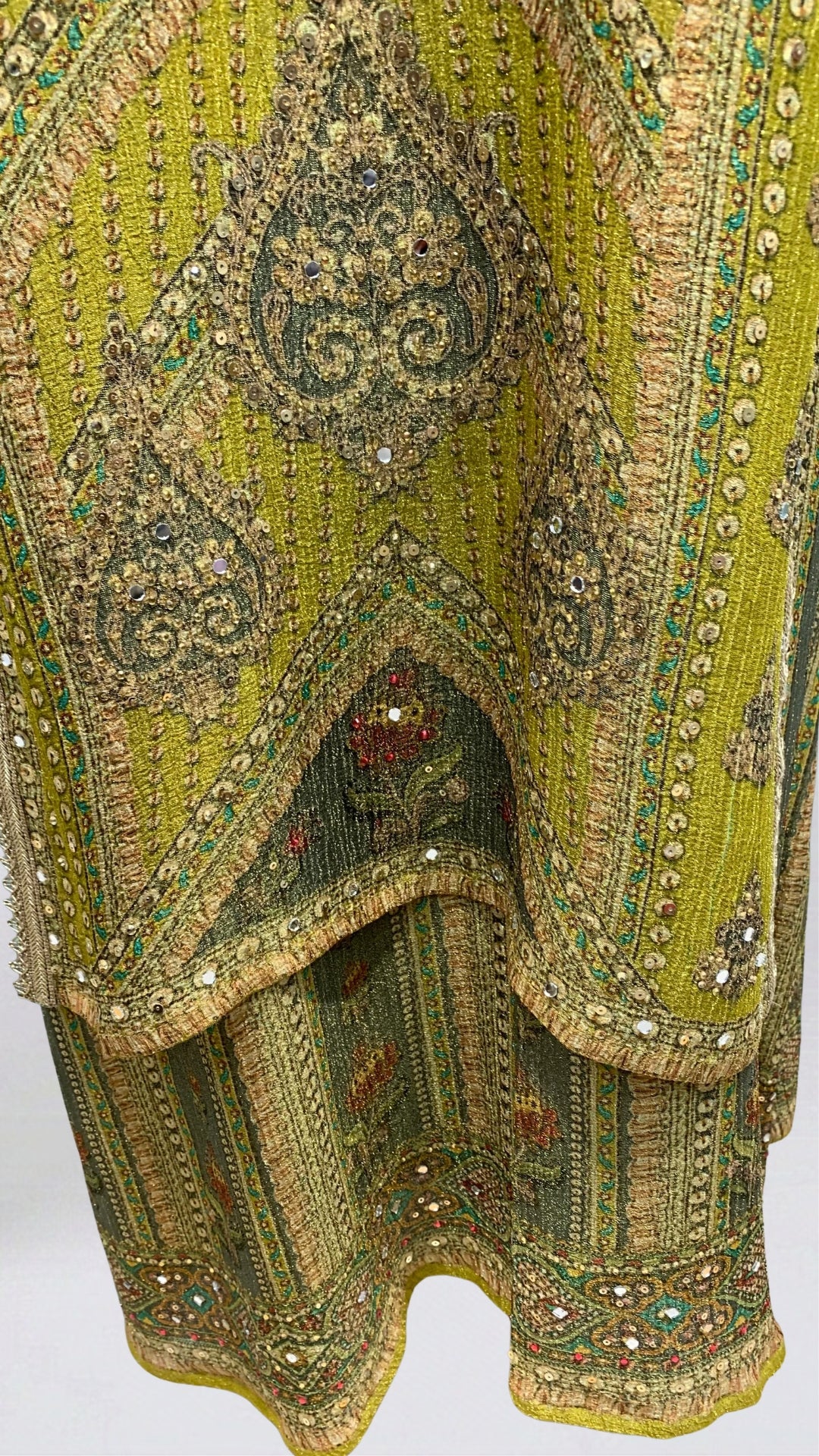 Green Tissue with Digital Print, Moti & Stone Work Indo Western