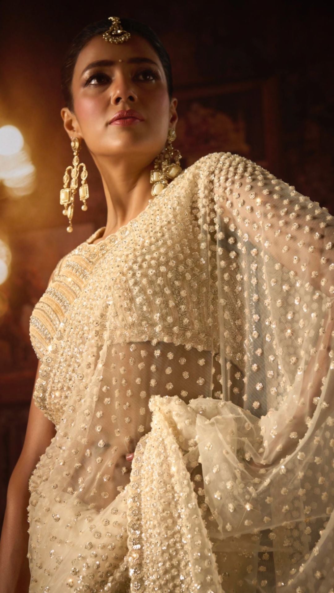 Cream Net Saree With Beads, Sequins and Moti Work