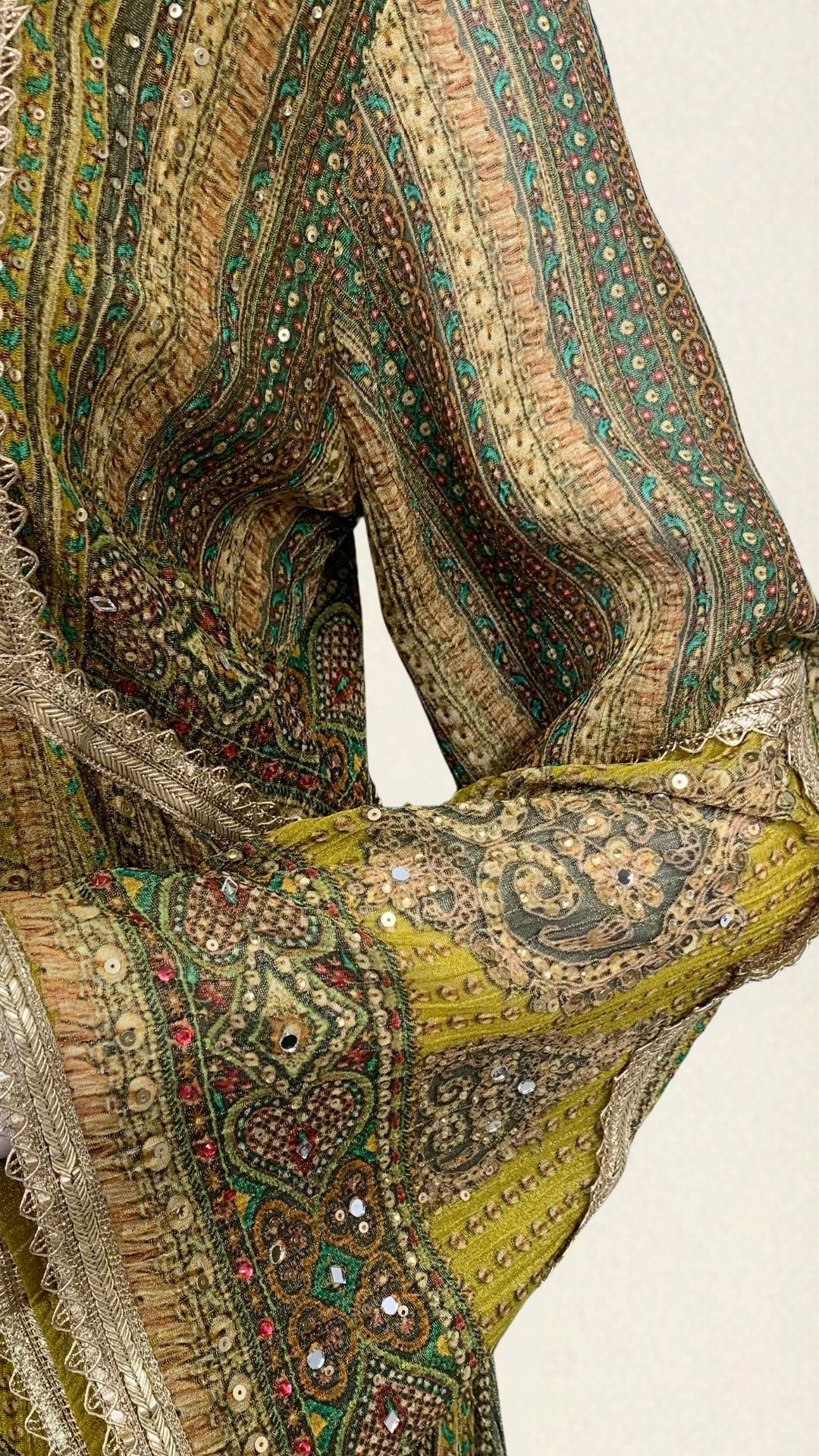 Mehandi Green Wrinkle Tissue Digital Printed Suit with Mirror Detailing and Palazzo