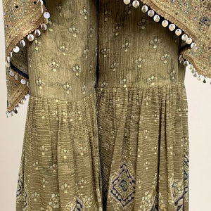 Navy Blue Wrinkled Tissue Digital Printed Kaaftan with Mirror Detailing and Gharara