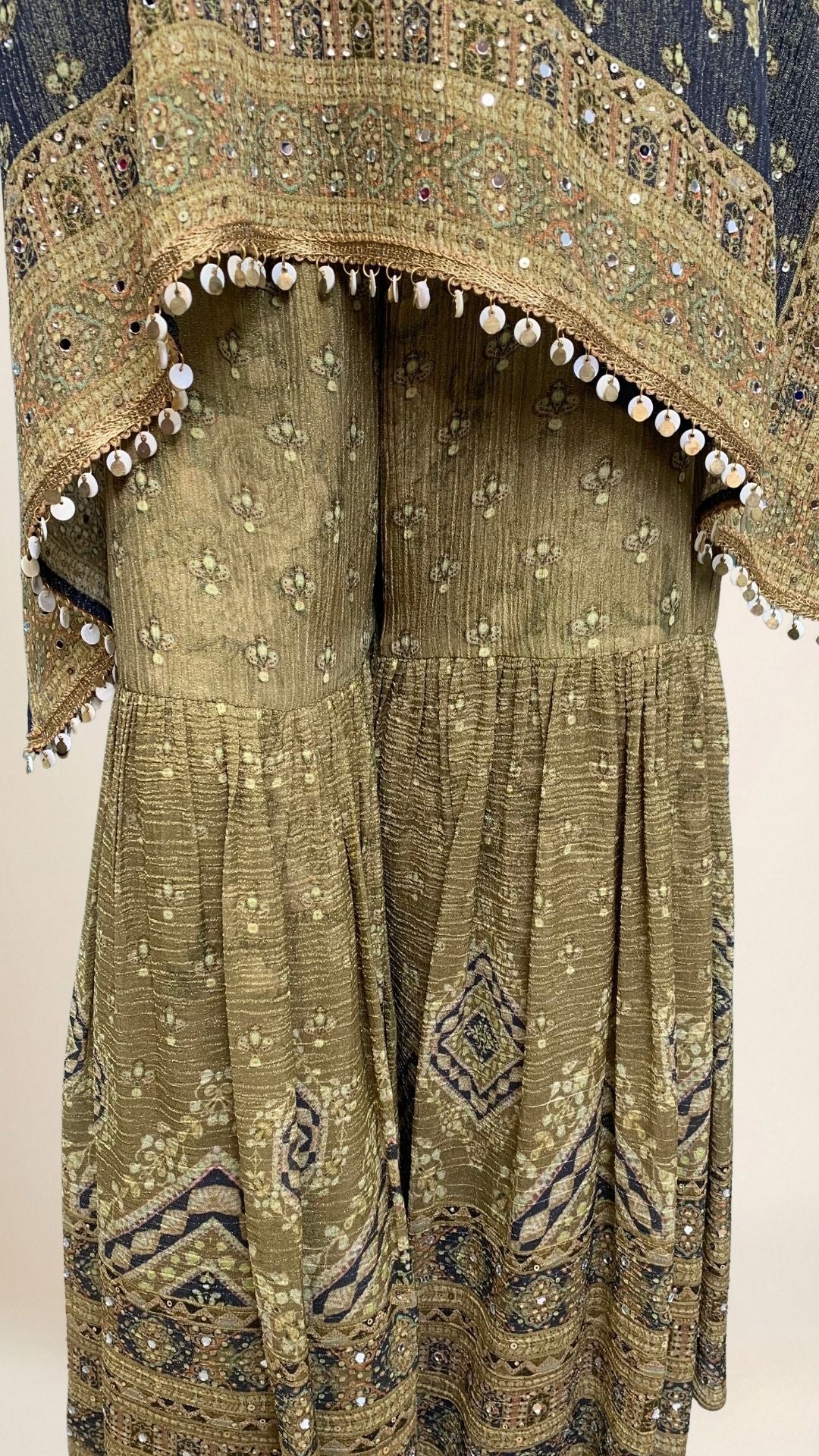 Navy Blue Wrinkled Tissue Digital Printed Kaaftan with Mirror Detailing and Gharara