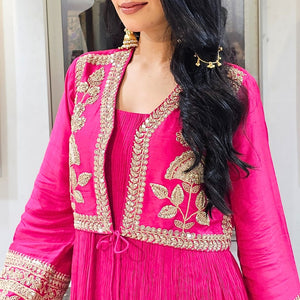 Pink Silk Indowestern Embroidered Jacket with Georgette Top and Bottom