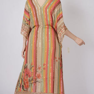 Multicolor Beige Georgette Kaaftan with Mirror and Sequins Work