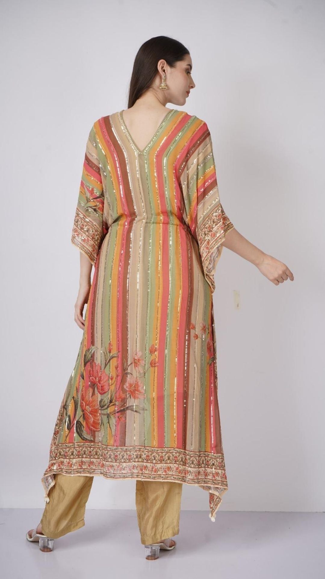 Multicolor Beige Georgette Kaaftan with Mirror and Sequins Work