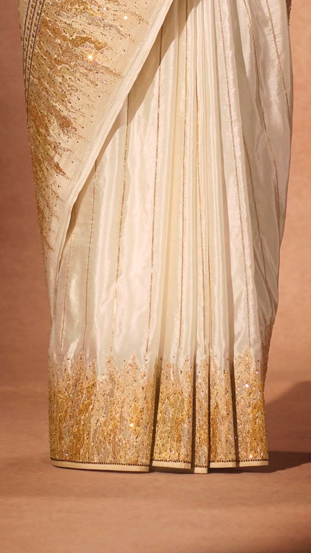 Cream Silk Satin Saree with Swarovski Work