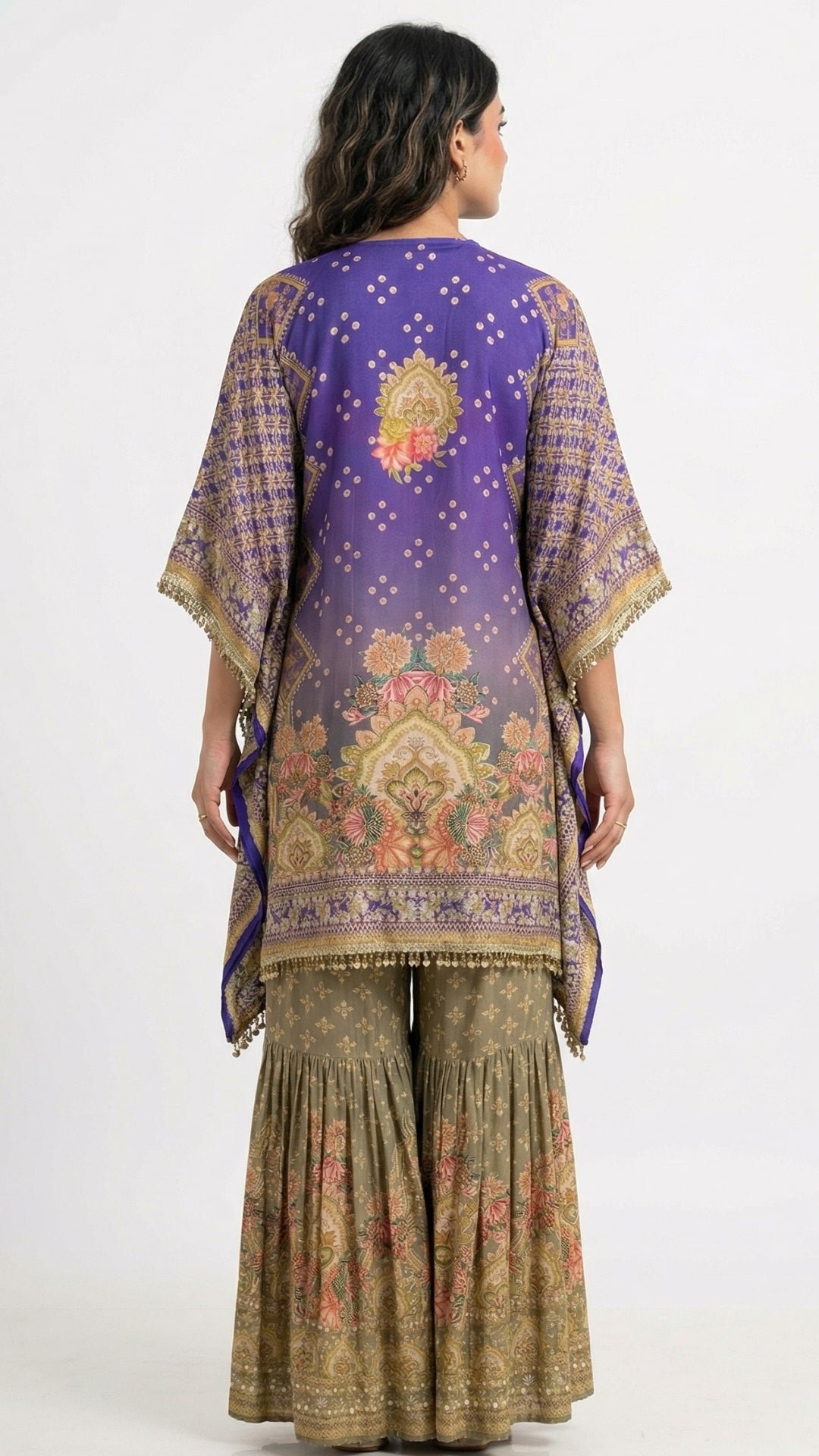Purple Muslin Crepe Coord Set with Digital Print, Pearl & Mirror Detailing