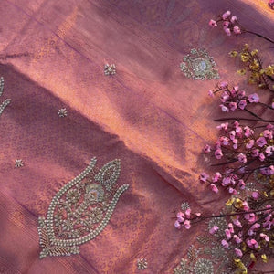 Peach Tissue Unstitched Saree Embellished With Sequins, Thread, Zari, Moti & Cutdana Work