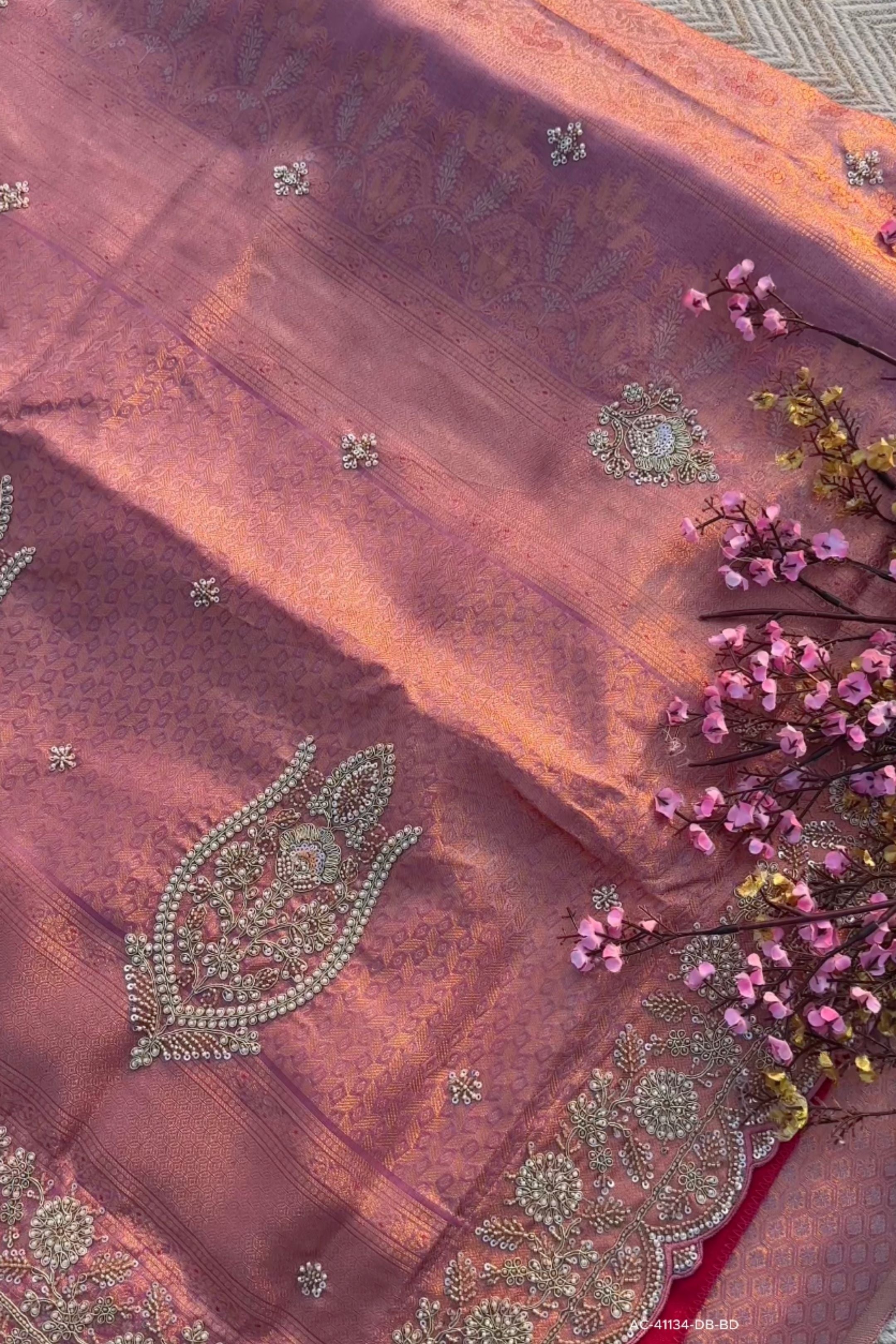 Peach Tissue Unstitched Saree Embellished With Sequins, Thread, Zari, Moti & Cutdana Work