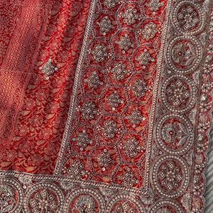Red Rani Georgette Unstitched Saree Embellished With Zari, Moti, Sequins & Cutdana Work