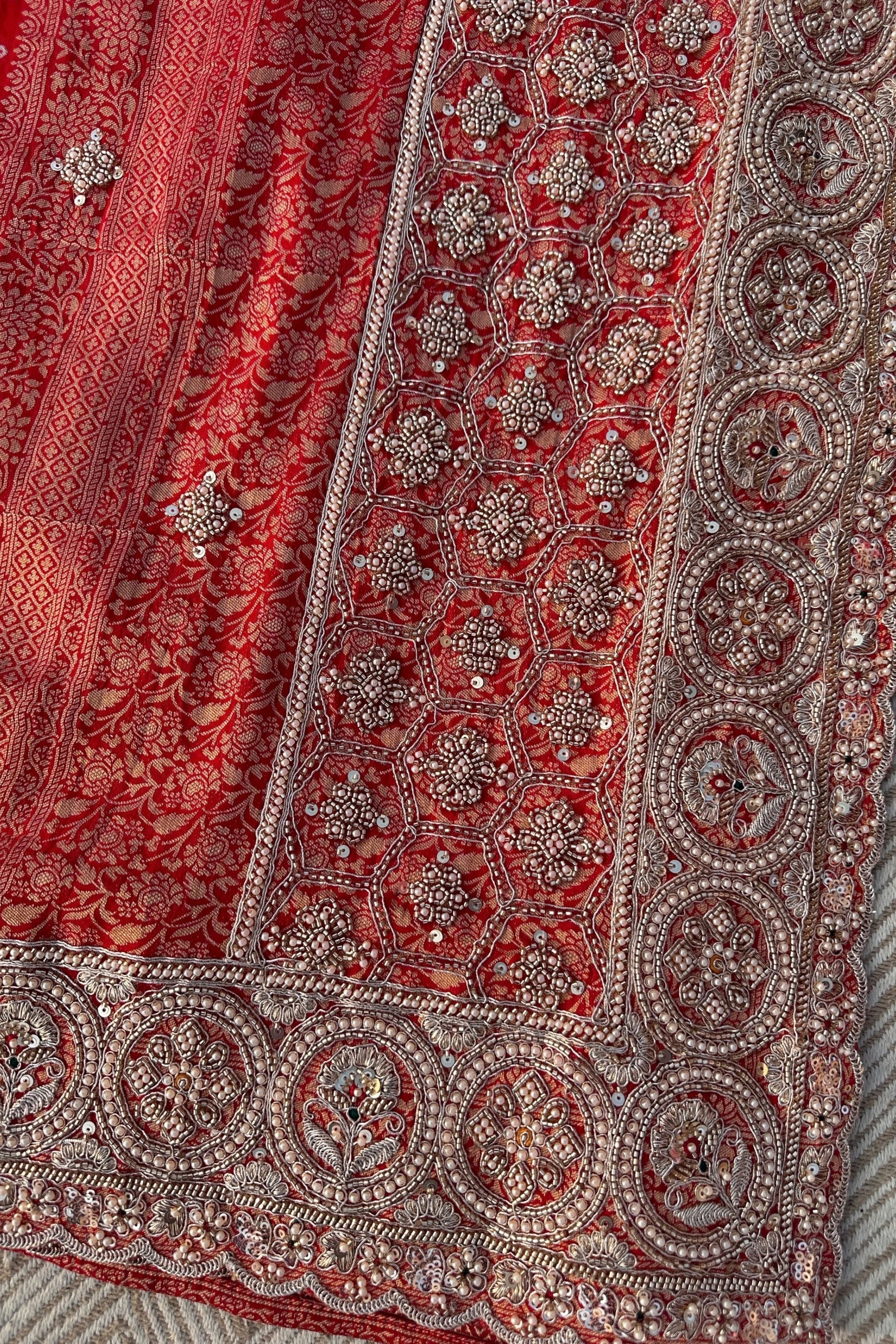 Red Rani Georgette Unstitched Saree Embellished With Zari, Moti, Sequins & Cutdana Work