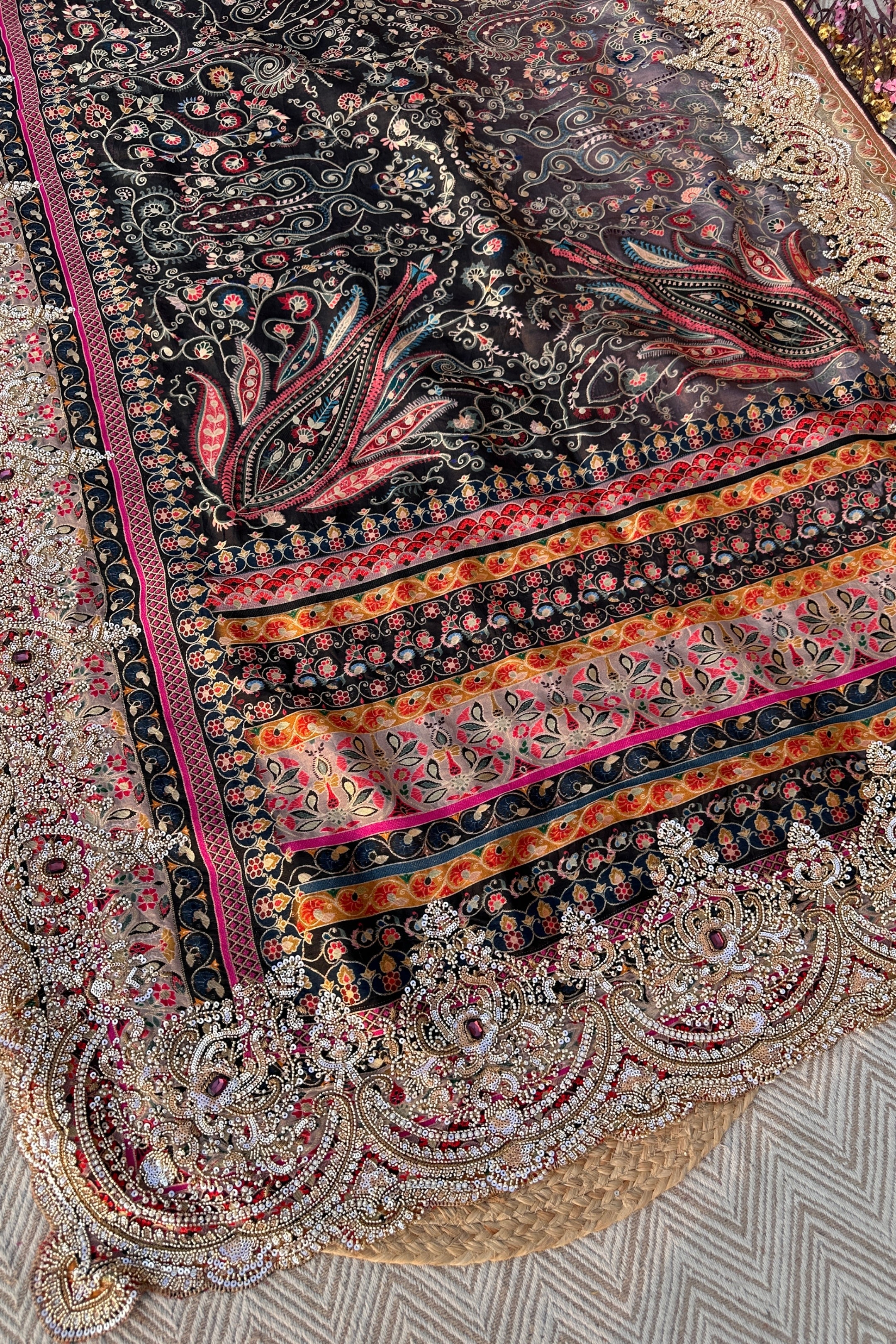 Black Banarasi Silk Saree Embellished With Cutdana, Sequins, Moti & Stone work