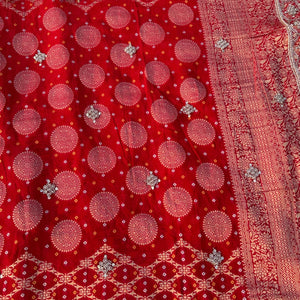 Red Rani Georgette Unstitched Saree Embellished With Zari, Moti, Sequins & Cutdana Work