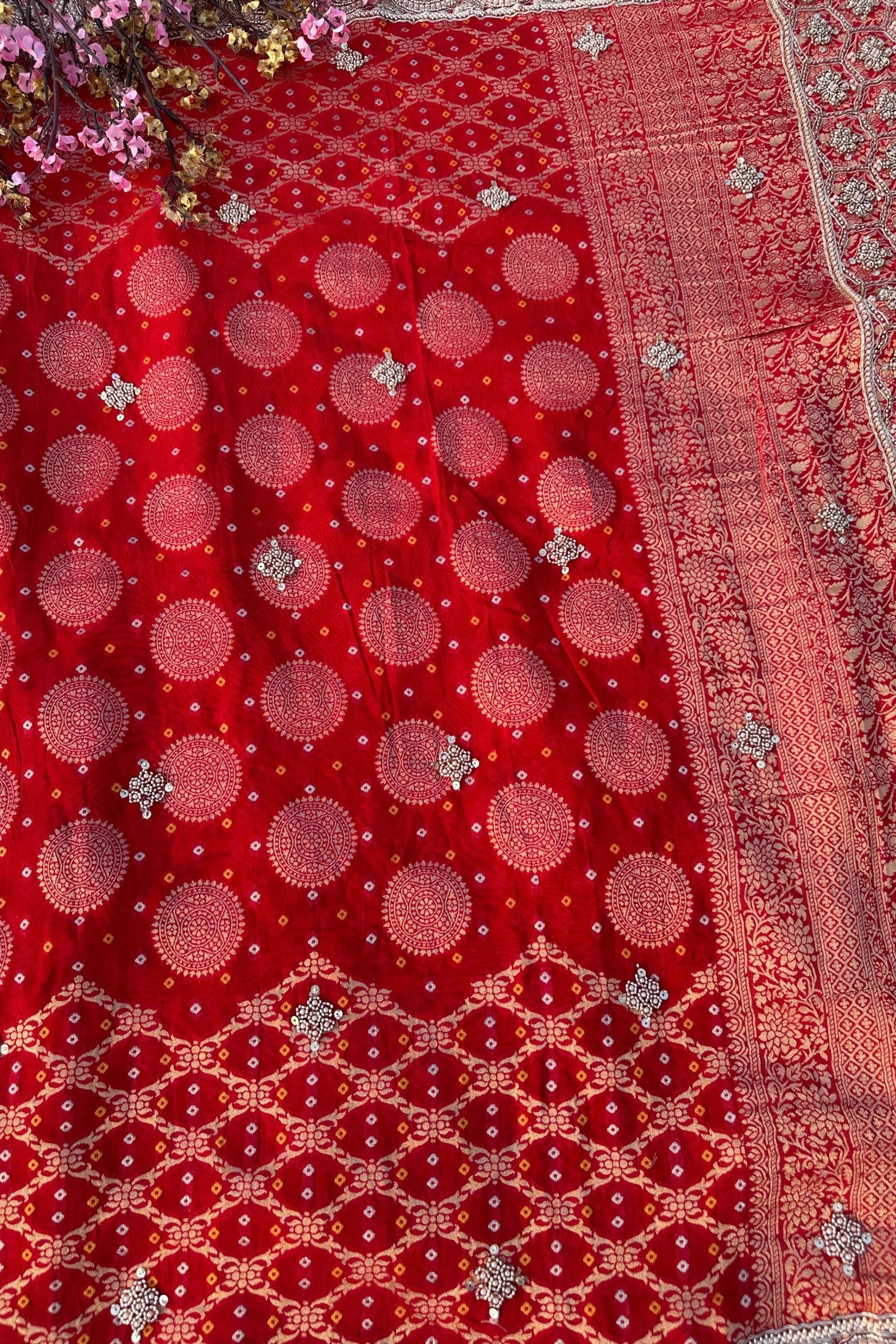 Red Rani Georgette Unstitched Saree Embellished With Zari, Moti, Sequins & Cutdana Work