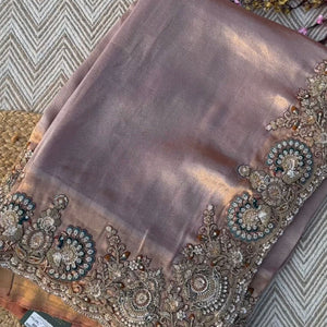 Beige Tissue Unstitched Saree Embellished With Sequins, Dori, Dabka & Cutdana Work
