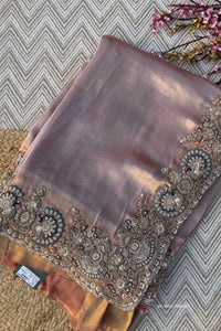 Beige Tissue Unstitched Saree Embellished With Sequins, Dori, Dabka & Cutdana Work