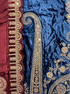 Blue Velvet Unstitched Suit with Zari and thread Embroidery