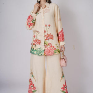 Cream Linen Indo Western with Sequins and Printed Embroidery 1