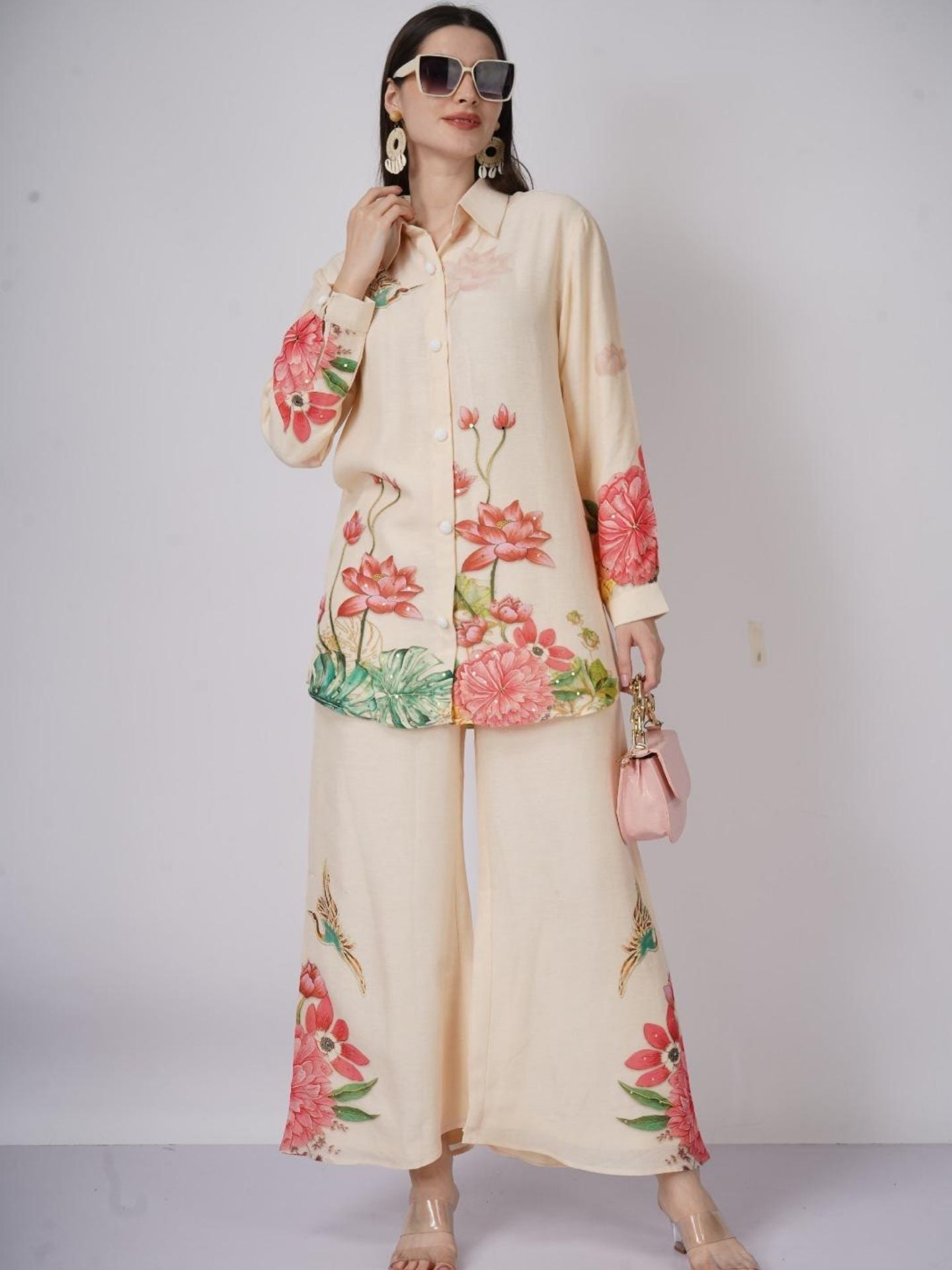 Cream Linen Indo Western with Sequins and Printed Embroidery 1