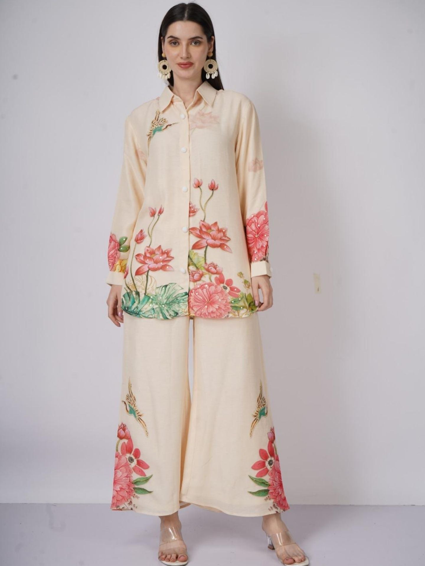 Cream Linen Indo Western with Sequins and Printed Embroidery 2